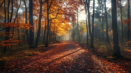 Fototapeta premium Autumn Forest Path, Sunlight and Fog. Concept of Tranquility, Nature, and Fall.