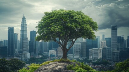 Fototapeta premium Green Tree Stands Tall Above City Skyline