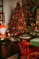 Christmas decorations lights. Modern New Year's decor. Christmas trees with garlands and gifts.