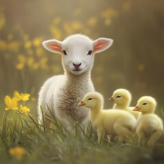Obraz premium cute lamb stands proudly among three fluffy ducklings in sunny meadow filled with yellow flowers. scene radiates warmth and innocence, capturing essence of springtime