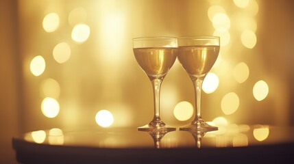 Two Champagne Flutes Against A Golden Lights Background