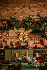 Christmas decorations lights. Modern New Year's decor. Christmas trees with garlands and gifts.