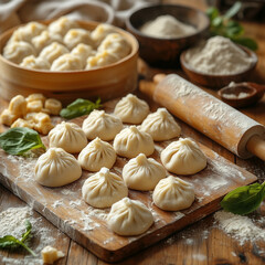 Fototapeta premium The flat surface of the dough is covered with flour. There are some raw dumplings and round rice dumpling in front of them. A photo realistic style with flat composition