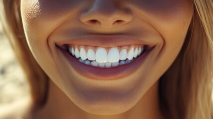 Naklejka premium Close-up of a woman's healthy, bright smile.