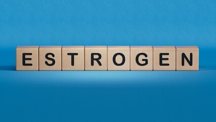 ESTROGEN word made with wooden blocks concept.close up of wooden elements,Business Concept.3D rendering on blue background.