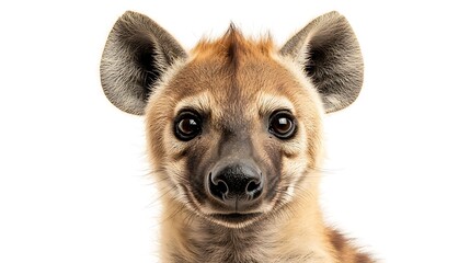 Close-up portrait of a young hyena against a white background.