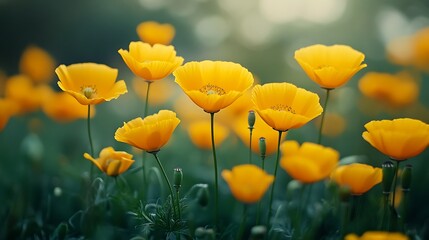 Obraz premium Vibrant yellow poppies blooming in nature soft evening light