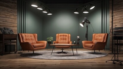 Studio interior for podcast and interview with two chairs