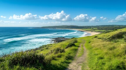 Coastal Trail Overlooking Ocean Waves and Sandy Beach