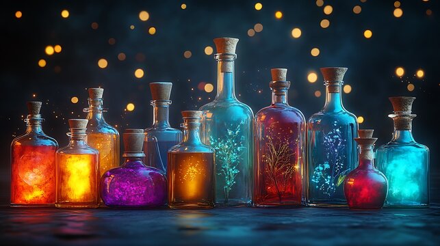 Magical potion bottles enchanted forest fantasy art nighttime close-up