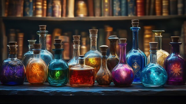 Close-up of colorful potions in a mystical fantasy library art