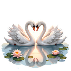 Obraz premium Serene swans creating a harmonious connection amidst water lilies, digital art of nature concept.