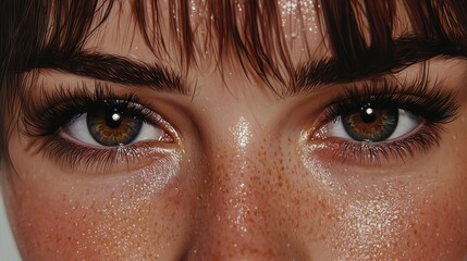 Close-up of a young woman's expressive eyes and face, featuring hazel eyes, freckles, and wet skin.