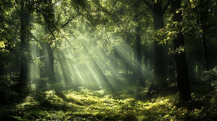 Obraz premium Sunbeams in a lush green forest. Magical forest scene.