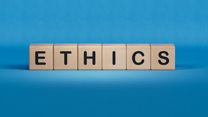wooden cube with word ethics. Investment in life insurance and healthcare concept.close up of wooden elements,Business Concept.3D rendering on blue background.