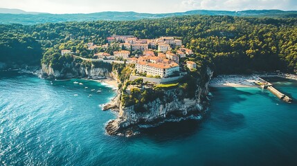Coastal Town on a Clifftop. Scenic Mediterranean Landscape.