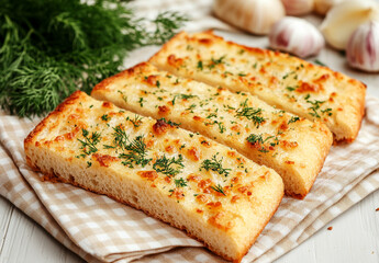 Golden Garlic Bread and Spices on Beige Napkin