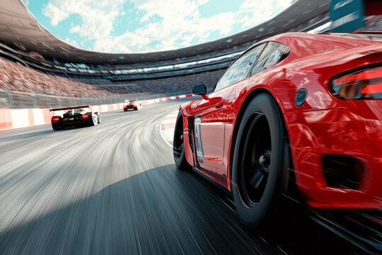 A dynamic shot capturing a red race car speeding along a track during an intense race, emphasizing speed, competition, and motor sports excitement.