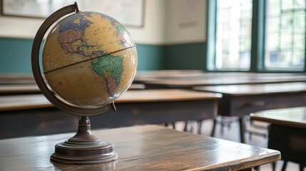 Antique Globe on Teacher's Desk in Classroom Setting