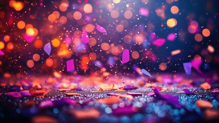 Vibrant evening celebration with colorful confetti. Bright lights create festive atmosphere. Colorful decorations everywhere. Joyful occasion taking place. People celebrating. Special moment