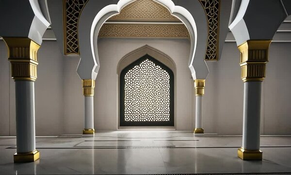 Grand mosque interior with ornate arches, pillars, and intricate stonework.