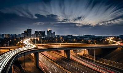Night cityscape with highway interchange and light trails under dramatic sky.