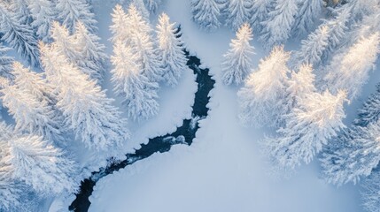Aerial View of a Snow-Covered Forest with a Winding River
