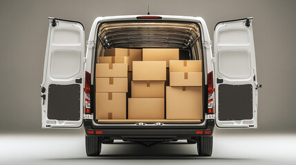 Rearview of van full of cardboard boxes isolated. commercial cargo express delivery or shipping transportation vehicle, fast post business package courier service, logistic, order, container.