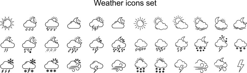 Weather icons. Weather forecast icon set. Clouds logo. Weather , clouds, sunny day, moon, snowflakes, wind, sun day. Vector illustration.
