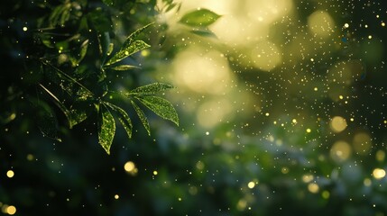 Sparkling Green Leaves with Bokeh Effect and Glowing Light Background