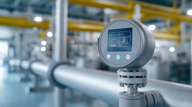 Industrial gas leak detection sensor in natural gas processing plant. Modern tech equipment monitors gas pipeline network. Safety tech ensures hazard prevention. Industrial setting. Eco-friendly