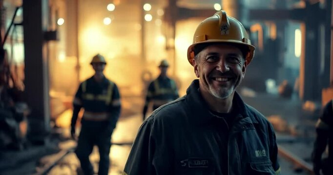 A footage of heavy industry workers, looking at the camera and smiling, slow motion shot. 02.