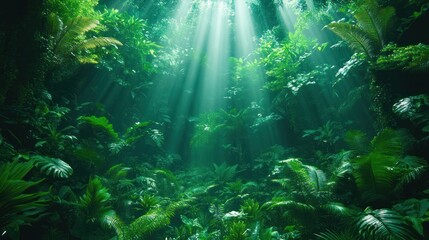 Obraz premium Lush green jungle with sunlight filtering through dense foliage.