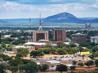 aerial view Gaborone Botswana CBD, capital city, above the central business district,
