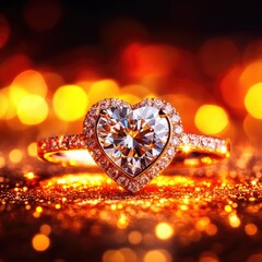 Fototapeta premium A glamorous Valentine's poster featuring a sparkling diamond ring in a heart-shaped box, surrounded by golden glitter and roses, space for the text, elegant letters --profile remrabs