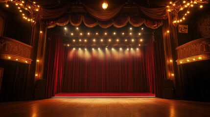 Elegant theater stage with red curtains and vintage lights ready for a performance. 