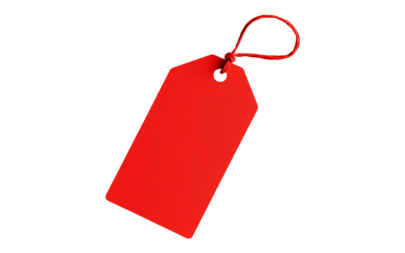 A red price tag with a string, perfect for labeling items or gifts Isolated on transparent background