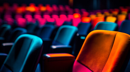 Fototapeta premium Colorful cinema seats create a vibrant atmosphere in an empty theater. 