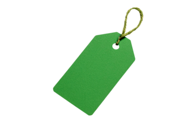 A green price tag with a string, perfect for labeling items or gifts Isolated on transparent background