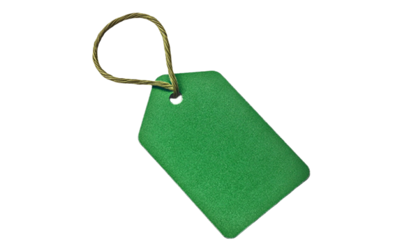 A green price tag with a string, perfect for labeling items or gifts Isolated on transparent background