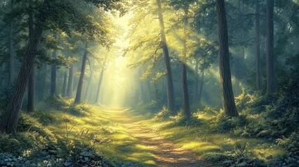 Fototapeta premium Serene Forest Pathway Illuminated by Gentle Sunlight and Foliage