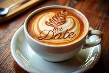 Macro Latte Art: Save The Date Coffee Cup Message - Wedding Invitation Concept Stock Photo