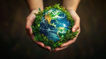 Hands Holding a Globe Surrounded by Greenery