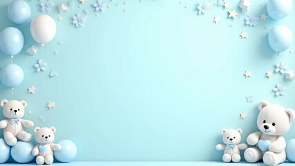 Light Blue Baby Shower Background with Teddy Bears, Balloons, and Gift Boxes