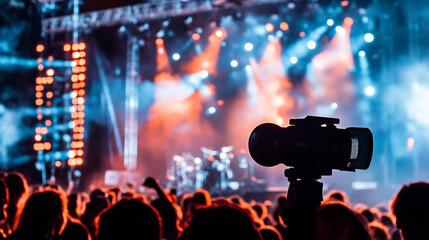 Live music performance with an enthusiastic audience and a camera in focus. 