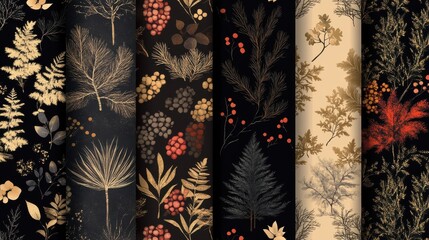 Elegant Floral Patterns on Black Background with Natural Elements