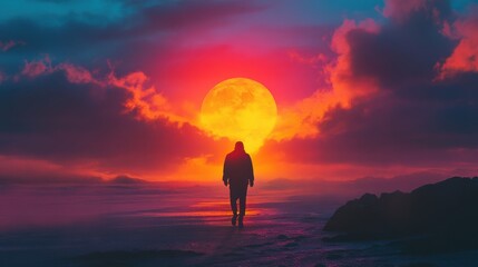 Majestic Sunset with Silhouetted Figure in Vibrant Colors