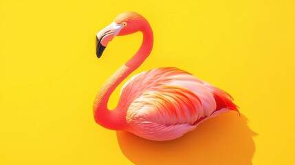 Vibrant Pink Flamingo on Bright Yellow Background Under Sunlight