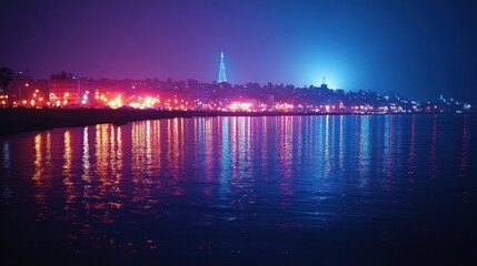 Night cityscape with colorful lights reflecting on water.