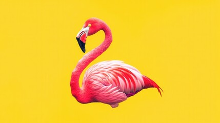 Fototapeta premium Graceful Pink Flamingo Standing Against Bright Yellow Background